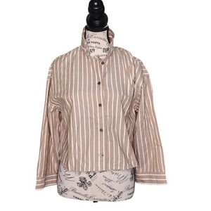 Everlane The Woven Pajama Top Brown White Stripe | Size XS | 100% Cotton |